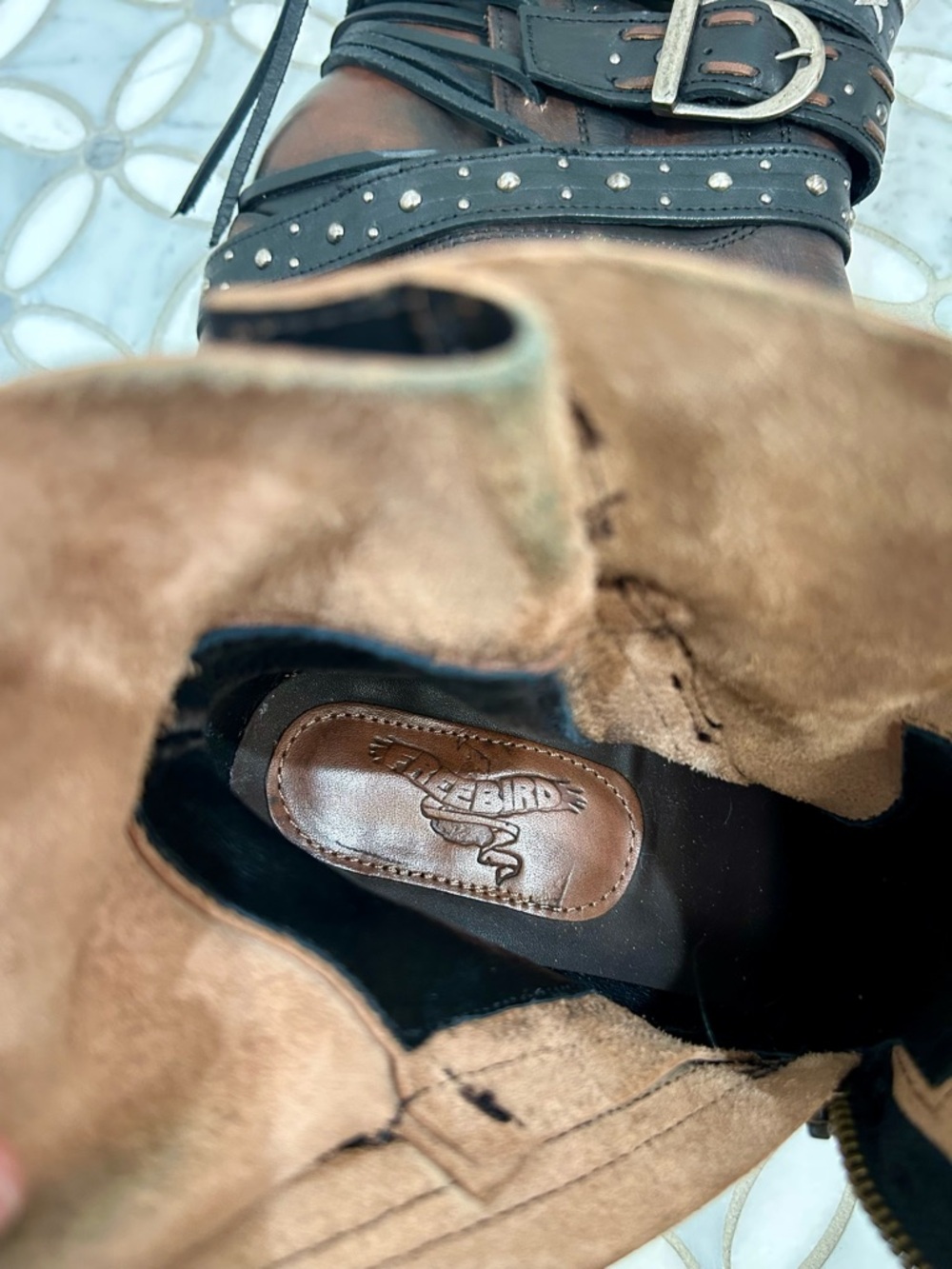 Freebird by Steven Caspian Leather Multi-Strap Studded Moto Boots Brown Black 10 - Picture 7 of 14